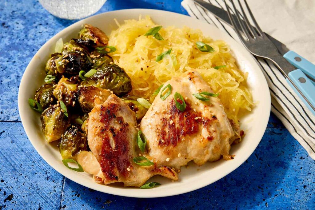 Maple-Miso Chicken Thighs, Brussels Sprouts & Spaghetti Squash Maple-Miso Chicken Thighs, Brussels Sprouts & Spaghetti Squash