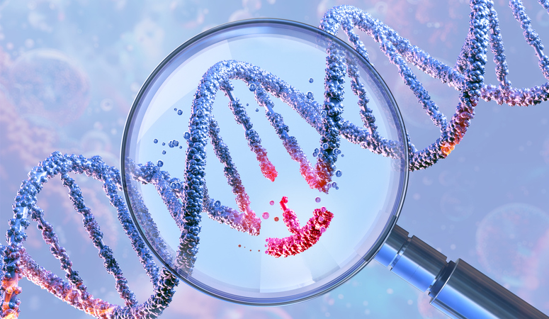 CRISPR and Precision Cancer Therapy Efficacy Influenced by Common Drugs DNA double helix under a magnifying glass, symbolizing genetic engineering and gene manipulation.