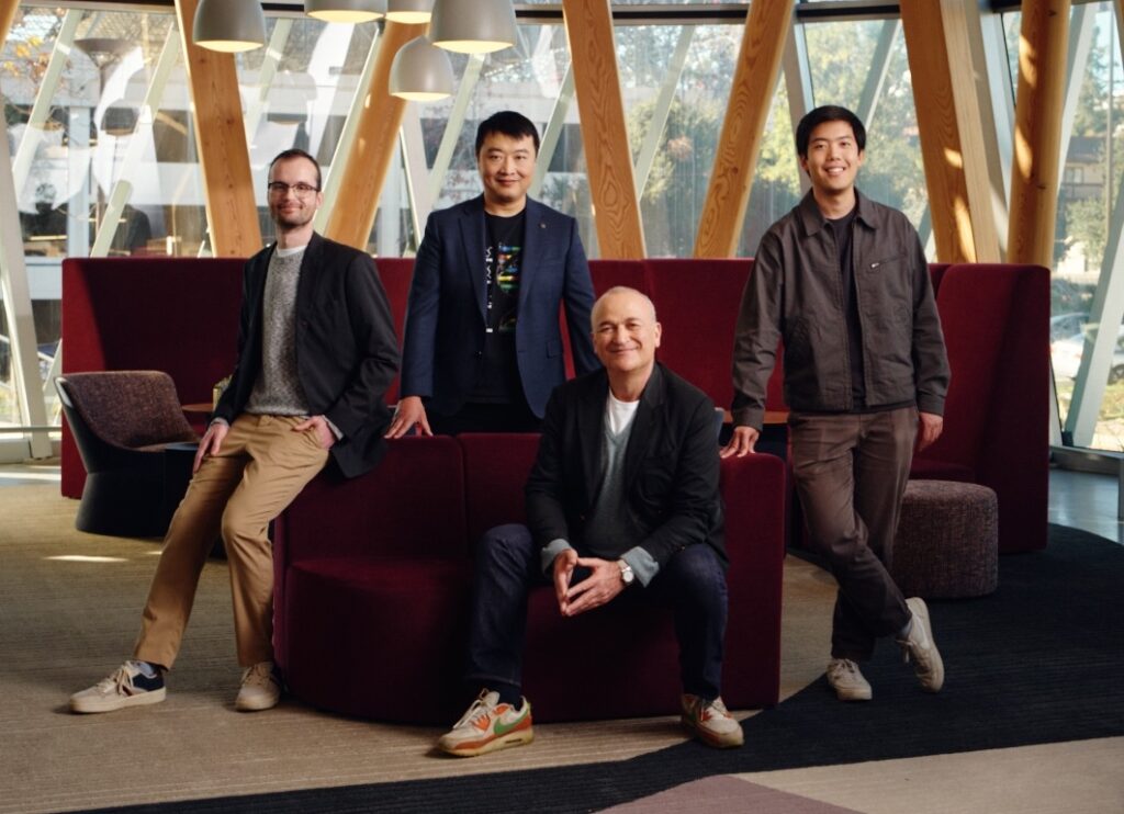 Genyro team (from left to right): Noah Robinson, PhD, Kaihang Wang, PhD, Adrian Woolfson, PhD, and Brian Hie, PhD.