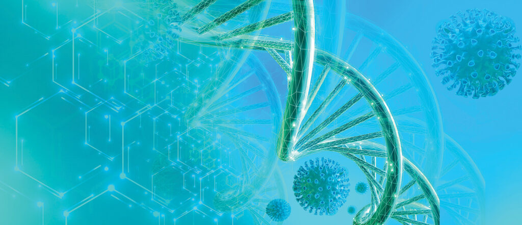 DNA sequence and COVID-19 infection virus cells. Abstract image coronavirus. World pandemic delta variant on planet Earth