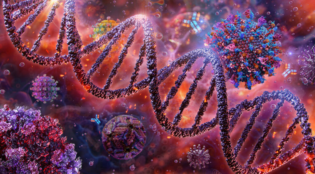 Key Genetic Variants That Influence Disease Risk, Human Health Traits Identified Viral vector, gene therapy, DNA delivery. Virus inserting genetic material into a cell nucleus. Gene editing, therapeutic genes, engineering, genetic diseases, dna, CRISPR, biotechnology. Medicine 3D illustration